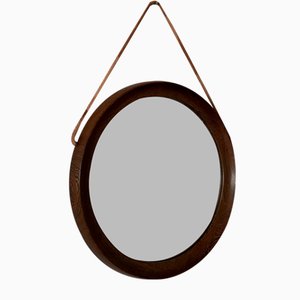 Mid-Century Scandinavian Round Wenge Wood Mirror with Leather Strap, 1950s