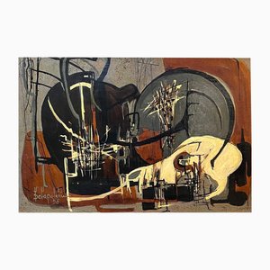 Paul Delapoterie, Natura morta con teschio, 1958, Olio su legno, con cornice