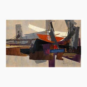 Paul Delapoterie, Landscape with Boats, 1950s, Oil on Wood, Framed