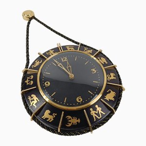 Mid 20th Century Zodiac Wall Clock in Black Metal & Brass, Germany, 1960s
