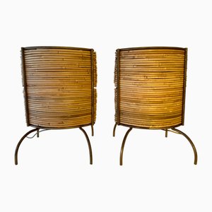 Italian Rattan and Gilt Metal Table Lamps, 2000s, Set of 2
