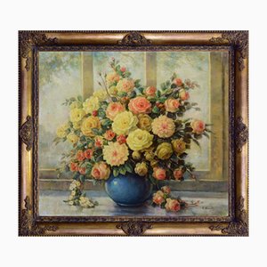 Giovanni Bonetti, Composizione floreale in un vaso blu, anni '80, Olio su tela, con cornice