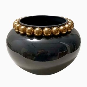 Dark Grey / Green Lacquered Ceramic Vase with Pure Gold Pearls, Italy, 1950s