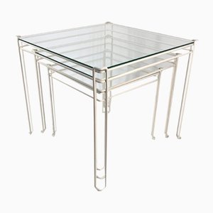 Cube-Shaped Nesting Tables in Metal and Glass, Set of 3