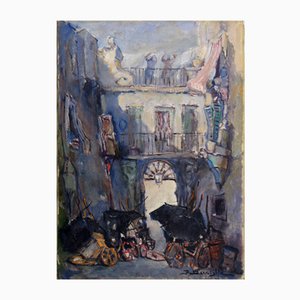 Raffaele Barscigliè, Naples Street Scene with Carriages, 1950s, Oil on Canvas