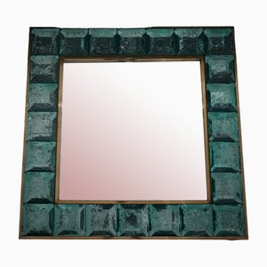 Italian Murano Aqua Green Art Glass and Brass Console Wall Mirror