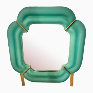 Mid-Century Murano Light Green Glass and Brass Console Wall Mirror