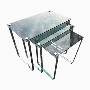 Mesa nido de vidrio y cromo, años 70. Juego de 3