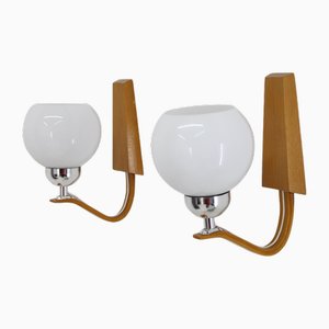 Wooden Wall Lamps with Glass Shades attributed to Drevo Humpolec, Former Czechoslovkia, 1960s, Set of 2