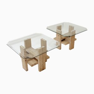 Vintage End Tables in Travertine and Glass by Willy Ballez, 1970s, Set of 2