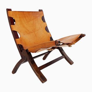 Sedia pieghevole Mid-Century in pelle e legno di Børge Mogensen, anni '50