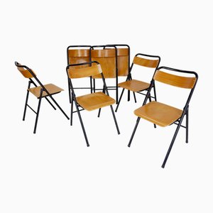 Silla plegable vintage de metal y madera, años 60. Juego de 7