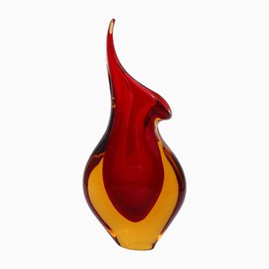 Vase Sommerso Art en Verre de Murano Rouge Jaune par Flavio Poli