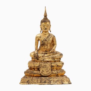 Late 19th Century Thai Gilt Bronze Seated Earth Touching Buddha Figure