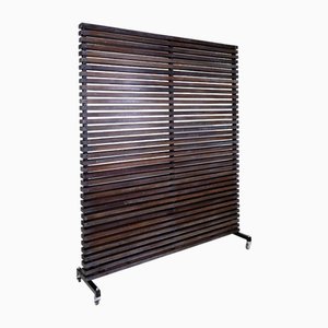 Slatted Wood Panel Room Divider with 10 Mobile Hooks