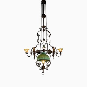 Höhenverstellbarer Kronleuchter mit Originalglas und Messingdetails