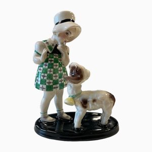 Figurine of Standing Girl with Hat and Lamb in Earthenware by Claire Weiss for Goldscheider