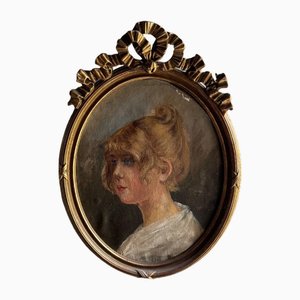 Portrait Of A Young Girl with Blond Hair, Oil On Cardboard, Framed