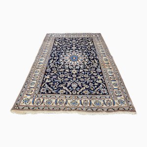 Tappeto vintage blu navy e crema annodato a mano con motivo Nain in lana, anni '60