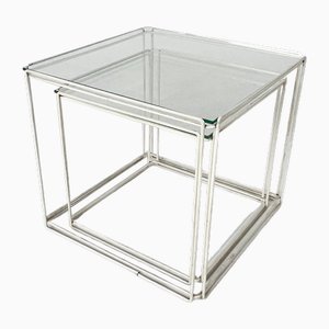 Isocele White and Clear Glass Nesting Tables attributed to Max Sauze for Max Sauze Studio, 1970s, Set of 2