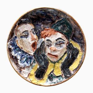 Glasierter Vintage Keramik Teller mit Zwei Clowns, 1950er