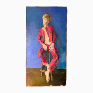 Retrato de un arlequín, Francia, años 70, óleo y óleo sobre lienzo