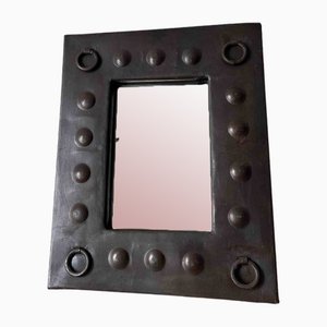 Miroir Moderniste en Métal Coulé avec Détails Géométriques, France, 1950s