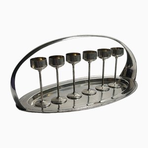 Art Nouveau Liqueur Set with Metal Chrome Tray Liquor Goblets, 1890s