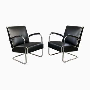 Poltrone Bauhaus in metallo cromato e pelle, anni '30, set di 2