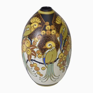 Art Deco Ceramic Porcelain Vase Birds of Paradise by Jan Wind, 1920s