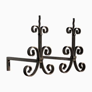 French Shabby-Chic Neoclassical Wrought Iron Andirons, 1930, Set of 2
