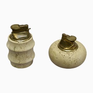 Lighters in Brass on a Travertine Stone Base attributed to Fratelli Mannelli, 1970s, Set of 2