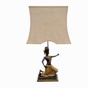 Lampe de Bureau Bouddha en Bronze à Double Patine Noire et Dorée attribuée à Maison Charles pour Maison Jansen, 1960
