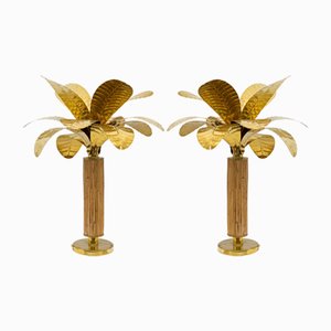 Italienische Mid-Century Modern Palmen Lampen aus Messing & Rattan, 1970er, 2er Set
