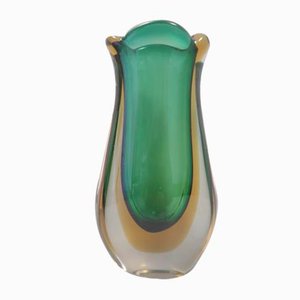 Vase Sommerso en Verre de Murano Vert et Jaune par Flavio Poli, 1950s