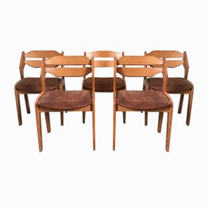 Sculptural Oak and Leather Dining Chairs. France, 1960s, Set of 5