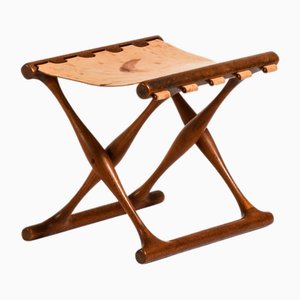Folding Stool in Teak and Original Natural Leather attributed to Poul Hundevad, 1950s