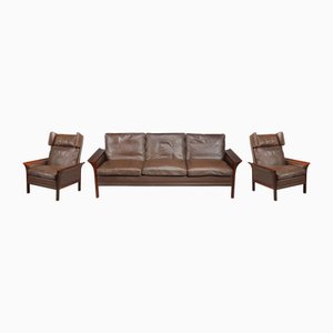 Living Room Furniture in Rosewood with Sofa and Leather Armchairs by Grete Jalk, 1960s, Set of 3