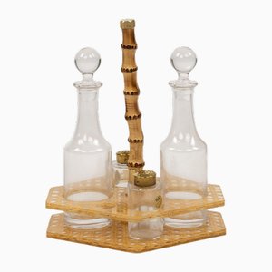 Condiment Set in Acrylic Glass, Wicker and Brass in the style of Christian Dior, Italy, 1970s, Set of 5