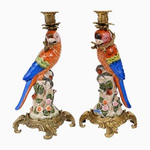 French Porcelain Parrot Candlesticks, Set of 2
