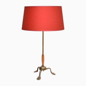 Edvard Hagman Tischlampe aus Messing, Ulme & Vermillion Schirm, Schweden, 1940er