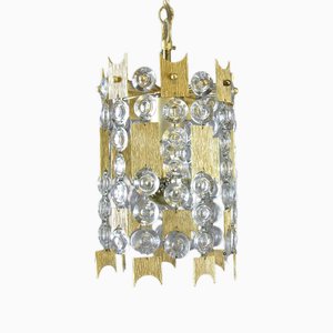 Brass and Crystal Ceiling Light attributed to Ernst Palme for Palwa