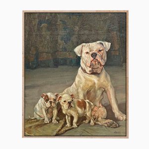 Ernst Hugo von Stenglin, Una famiglia di bulldog, 1900, Olio su tavola