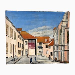 French Artist, Town Square, 1973, Oil on Canvas