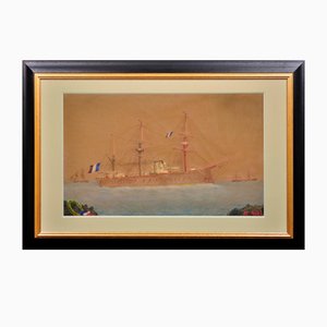 French Navy Ironclad Warship, Early 20th Century, Gouache & Watercolor on Paper