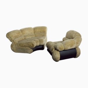 Set of Space Age Modular Sofa in Cream Teddy Fabric & Leatherette by Adriano Piazzesi, Italy, 1970s