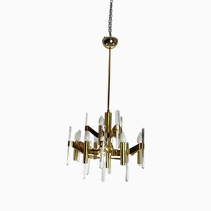 9-Light Chandelier in Gilded Brass and Crystal attributed to Gaetano Sciolari, 1970s