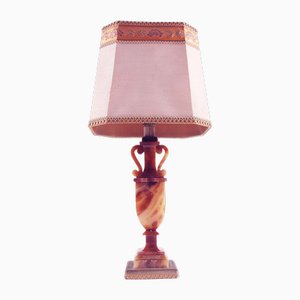 Mid-Century Modern Art Deco Table Lamp in Red Alabaster with Damask Lampshade, 1930s