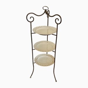 French Wrought Iron Three-Tier Cake Stand with Ornate Porcelain Plates