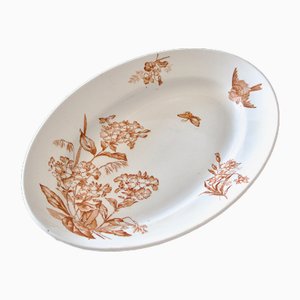 19th Century Longwy Oval Dish Sepia Iron Earth Botanical Bird, 1890s